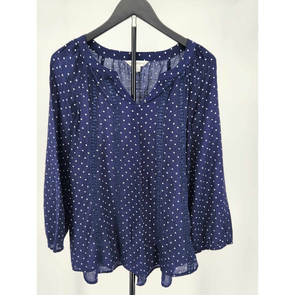 Counterparts Navy Blue Polka Dot Crochet Lace Trim V-Neck Blouse XL Womens